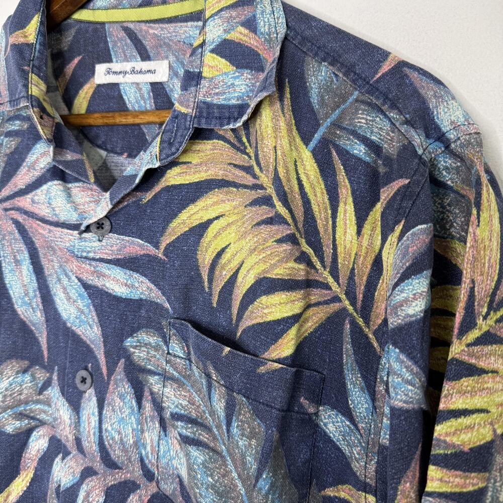 Tommy Bahama Shirt Mens Medium Blue Tropical Silk Blend Short Sleeve Button Up